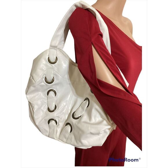 Vegan Patent White Crescent Shaped Shoulder Bag - Picture 1 of 8